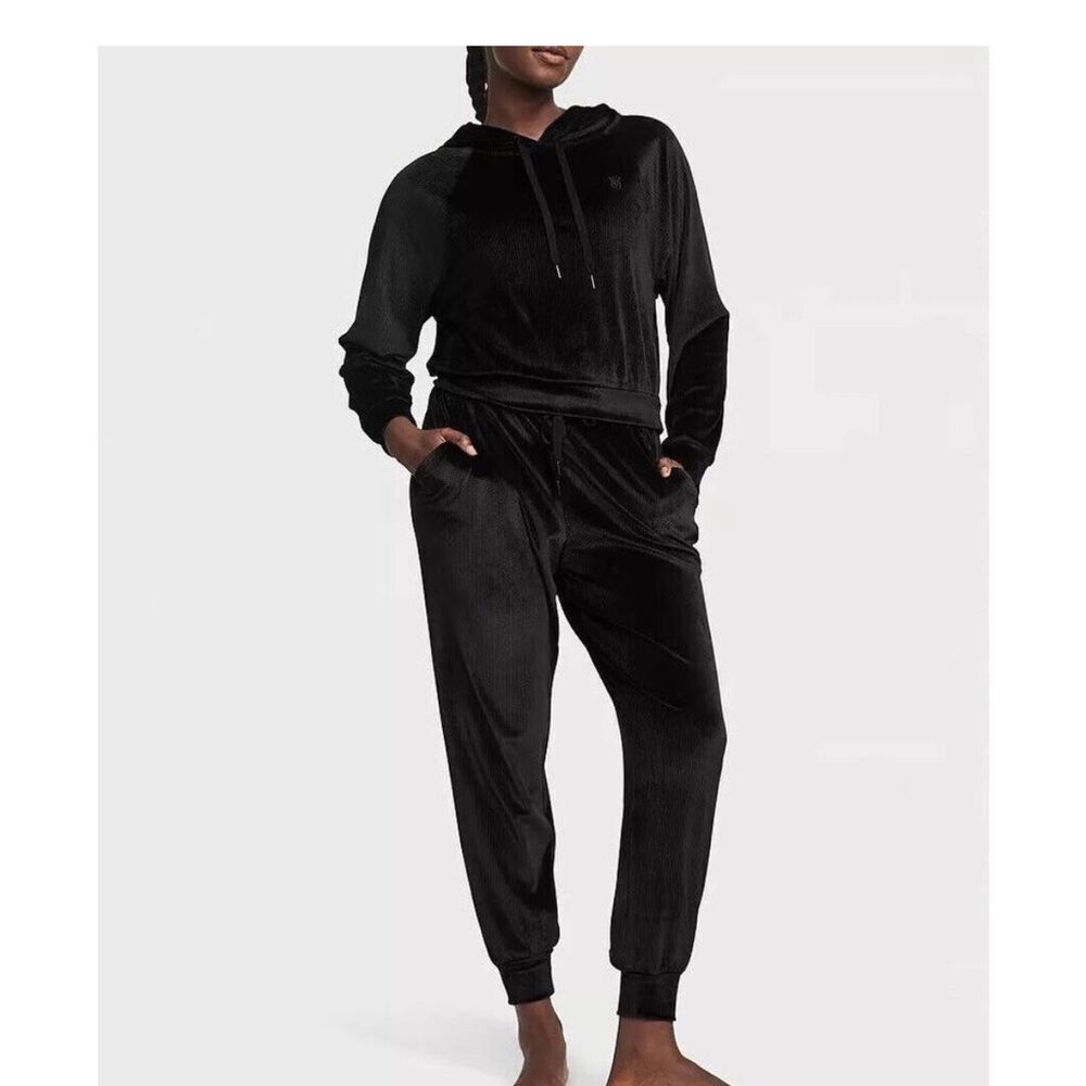 Victoria's Secret Black Ribbed Velour Hoodie Pant Jogger Set!   M/S